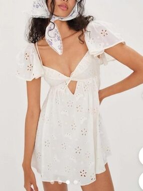 For Love & Lemons White Eyelet Tie-Front Mini Dress